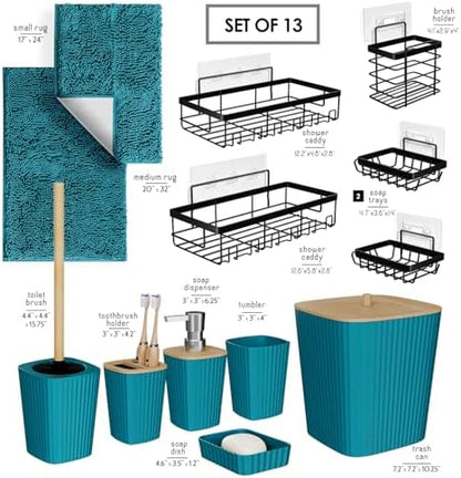 Clara Clark Bathroom Set - Teal Bathroom Accessories Set, 6PC Bathroom Accessory Set, Bathroom Sets with Bathroom Rugs, Adhesive Corner Shower Caddy Hanging, Toilet Brush, Trash Can & Soap Dispenser