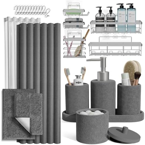 Clara Clark Grey Bathroom Set - Bathroom Sets with Shower Curtain and Rugs, 26PC Bathroom Accessory Set, Shower Curtain Set with Adhesive Corner Shower Caddy Hanging & Soap Dispenser