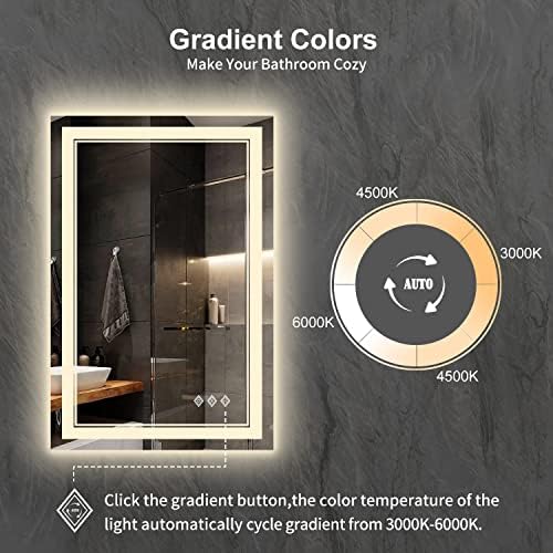 LED Mirror for Bathroom, 24x36 Inch Gradient Front and Backlight LED Bathroom Mirror, 3 Colors Dimmable CRI>90 Double Lights, Enhanced Anti-Fog, Hanging Plates Wall Mount Lighted Mirror
