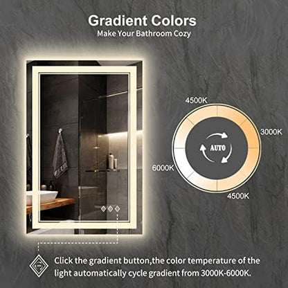 LED Mirror for Bathroom, 24x36 Inch Gradient Front and Backlight LED Bathroom Mirror, 3 Colors Dimmable CRI>90 Double Lights, Enhanced Anti-Fog, Hanging Plates Wall Mount Lighted Mirror