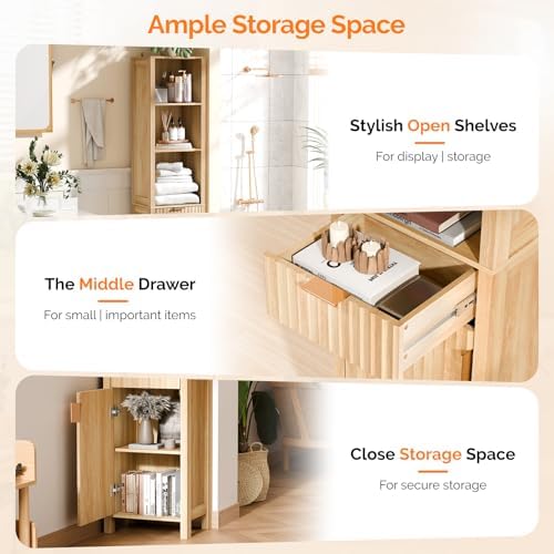 VINGLI Narrow Fluted Bathroom Floor Skinny Storage Cabinet with 1 Fluted Door&Drawer,68" Tall Narrow12 Inch Deep Slim Bathroom Storage Cabinet for Small Space w/3 Adjustable Shelves,Natural Oak Color