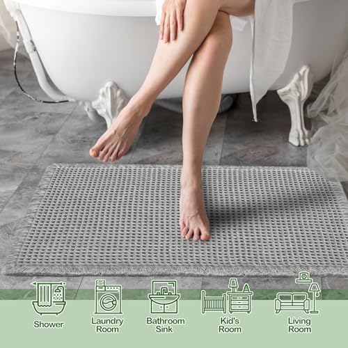 ZALL Grey Waffle Bath Mat,Super Absorbent Non Slip Bathroom Rug,Gray 24x48inch,Machine Washable Ultra Soft Floor Mats