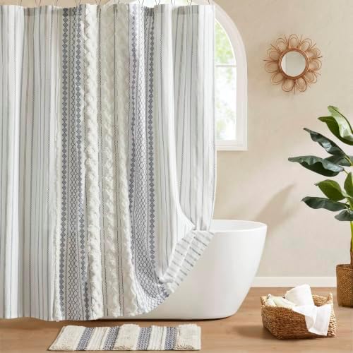 INK+IVY Extra Long Cotton Shower Curtain for Bathroom, White/Navy, 72 x 84