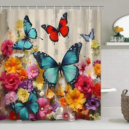 Chrainy 4pcs Flower Butterflies Shower Cutain Set Bathroom Decor with Rugs