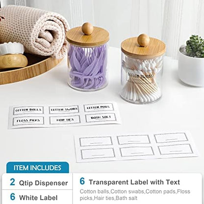 2 Pack Qtip Holder Dispenser with Bamboo Lids - 10 oz Clear Plastic Apothecary Jar Containers for Vanity Makeup Organizer Storage - Bathroom Accessories Set for Cotton Swab, Ball, Pads, Floss
