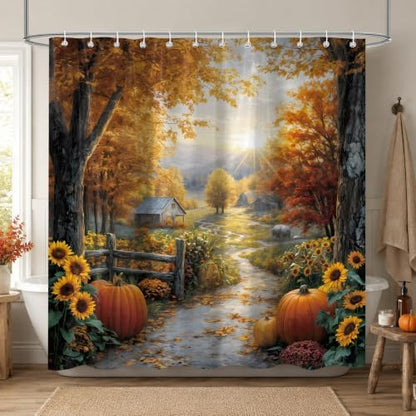 Autumn Country Road Shower Curtain, 72 x 78 Inch Fall Landscape Bathroom Curtain with Pumpkins, Sunflowers, Trees and Farmhouse Path Decor