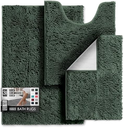 Hearth & Harbor Bathroom Rugs, Chenille Bath Mat - Machine Washable Bath Mats for Bathroom Non-Slip Backing Rubber, Quick Dry Mat - Hunter Green Bath Rug, 17x24-26x44-20x24