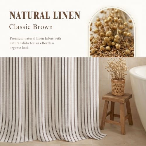 Farmhouse Striped Shower Curtain Brown Vintage Linen Curtain 72"W X 72"L