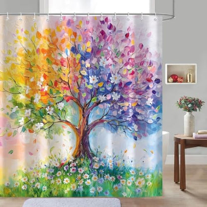 Watercolor Oil Painting Tree Shower Curtains, Colored Seasons Trees Floral Fabric Shower Curtain Set Colorful Abstract Aesthetic Bath Curtain for Bathroom Decor Waterproof Cloth with Hooks 72X72 Inch