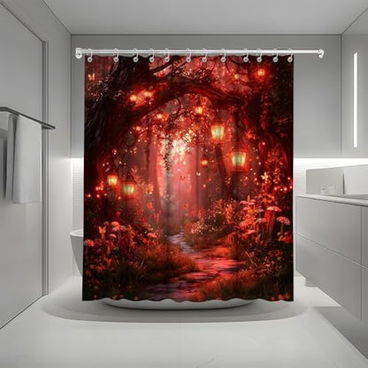 Fantasy Forest Path Shower Curtain Red Fairy Magical Enchanted Misty Jungle Mushroom Floral Tree Butterfly Lantern Wonderland Bath Curtain Fabric Bathroom Accessories Decor with Hooks 70W x70L