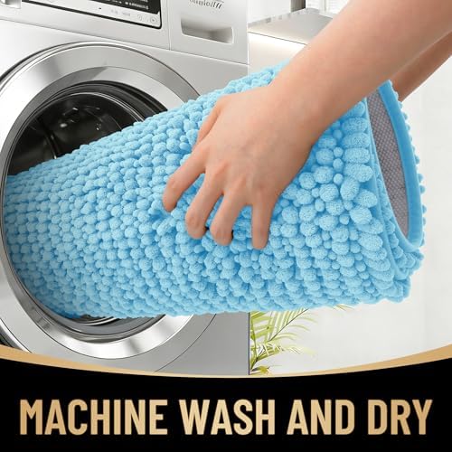 OLANLY Thick Chenille Small Bathroom Rugs Mats 24x16, Sky Blue