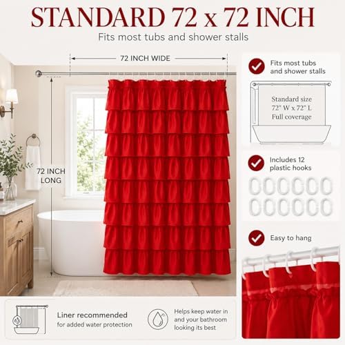 Red Ruffle Shower Curtain for Bathroom, 72x72, Cottagecore Rural Farmhouse