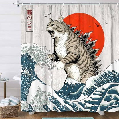 JAWO Funny Cat Shower Curtain, Japanese Ocean Wave Cat Fun Shower Curtain Nautical Kids Children Rustic Wooden Farmhouse Shower Curtains, 60X70inch