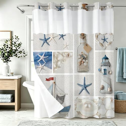 White Abstract Beach Theme No Hook Waffle Weave Shower Curtain with Snap in Liner Summer Ocean Coastal Nautical Modern Bathroom Decor Set 72 W x 74 H Inch Blue