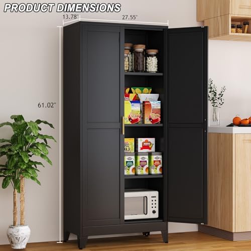 Winiowa Metal Pantry Cabinet with 2 Doors and Adjustable Shelves, 61"Kitchen Storage Cabinet with Gold Handles, Versatile Storage for Laundry, Living, Bathroom, Dining, Utility Room - Black
