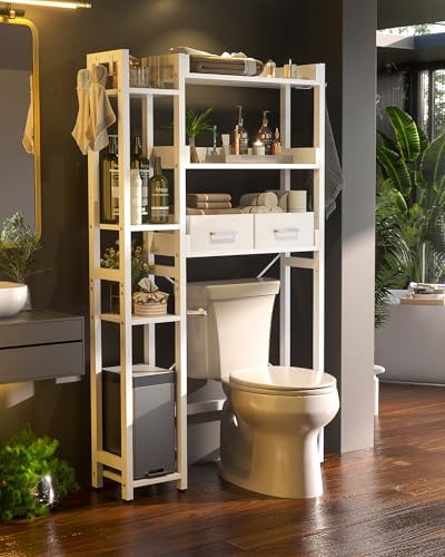 Besiost Over The Toilet Storage, 7 Tier Bathroom Organizer with Reversible Side Shelf and 2 Fabric Drawers, Adjustable Freestanding Rack Space Saver for Small Spaces, White