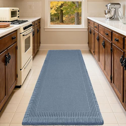 IM HOME Extra Large Waffle Bath Mat, Boho Bathroom Rugs Absorbent Non Slip, Ultra Soft Bathroom Mat, Machine Washable Knit Bath Rugs with Border for Bathroom, Bedroom, Kitchen, Shower, 6'x2', Blue
