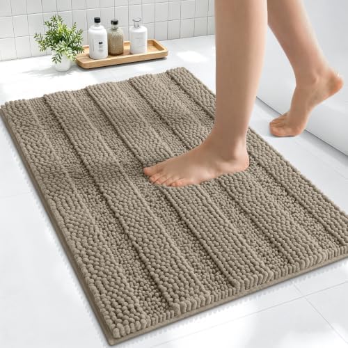 Smiry Thick Small Chenille Bathroom Rugs 24x16, Soft Bath Mat, Warm Taupe