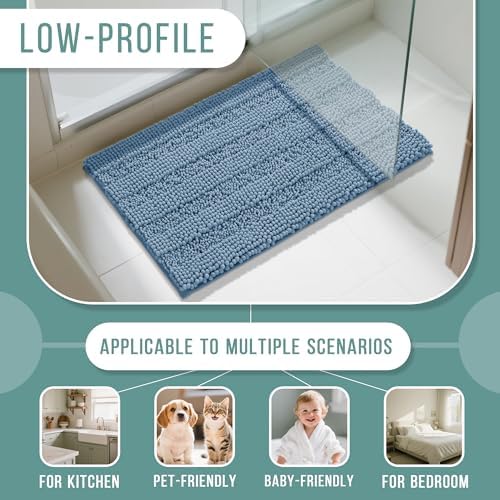 Yimobra Bathroom Rug Mat 32 x 20, Non Slip and Super Absorbent Bath Mat,Machine Washable Quick Dry,Ultra Plush Chenille Shower Rugs for Bathroom Floor Sink Tub and Shower Outside,Denim Blue