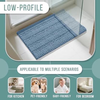 Yimobra Bathroom Rug Mat 24 x 17, Non Slip and Super Absorbent Bath Mat,Machine Washable Quick Dry,Ultra Plush Chenille Shower Rugs for Bathroom Floor Sink Tub and Shower Outside,Denim Blue