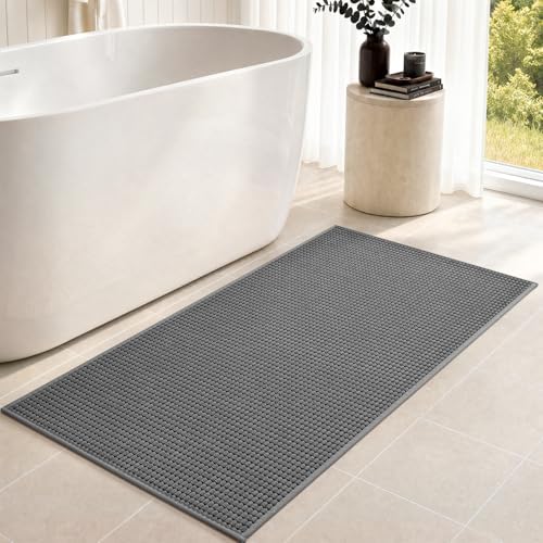 tchdio Bathroom Runner Rug, Absorbent Washable Thin Bath Mat, Non Slip Quick Dry Bath Rugs with Solid Rubber Backing, Low Profile Bath Mat, Grey, 24" x 70"