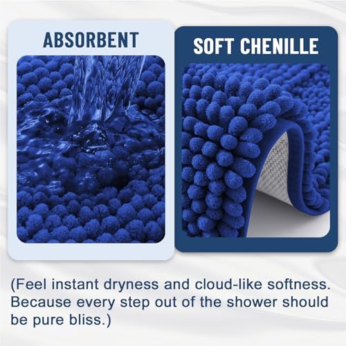 Grandaily Chenille Striped Bathroom Rugs 30x20, Extra Thick and Absorbent Bath Mats, Non-Slip Soft Plush Shaggy Shower Carpet, Machine Wash Dry, Bath Rug for Bathroom, (Medium, Cobalt Blue)
