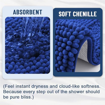 Grandaily Chenille Striped Bathroom Rugs 30x20, Extra Thick and Absorbent Bath Mats, Non-Slip Soft Plush Shaggy Shower Carpet, Machine Wash Dry, Bath Rug for Bathroom, (Medium, Cobalt Blue)