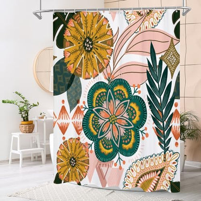 Boho Floral Shower Curtain, White & Pink Botanical Curtain, 36 x 72