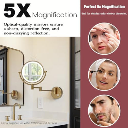 8" Rechargeable Brass 1X/5X Makeup Magnifying Mirror Wall Mount with Light, Upgraded 3-Colors Bright LED Touch Dimmable Extended Arm 360 Rotation for Bathroom, Brushed Modern Brass