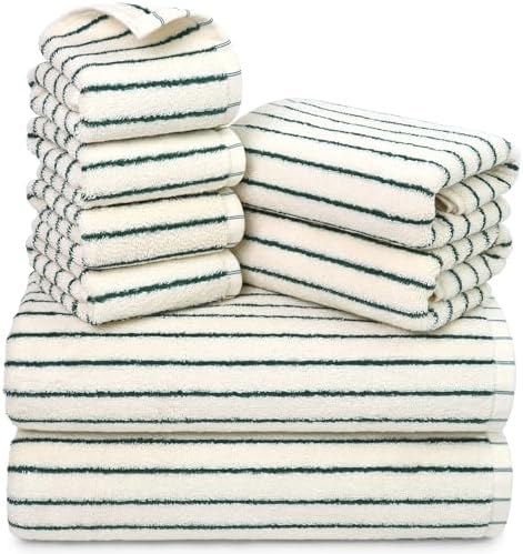 8 Piece Green Towel Set, Super Soft & Absorbent Cotton Striped Towels