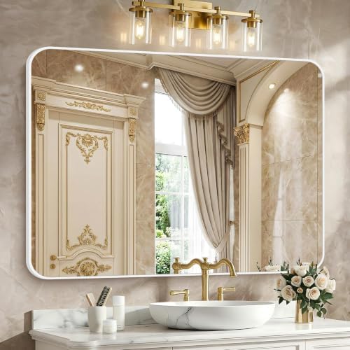 BONEWEI White Bathroom Mirror,55x36 inch Wall Mirror for Bathroom Wall Mounted,Rectangle Mirror for Bathroom Over Sink,Modern Frame Round Corner for Living Room,Bedroom Entryway,Horizontal/Vertical