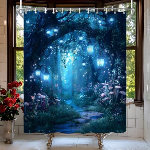 Fantasy Forest Path Shower Curtain Blue Fairy Magical Enchanted Misty Jungle Mushroom Floral Tree Butterfly Lantern Wonderland Bath Curtain Fabric Bathroom Accessories Decor with Hooks 70W x84L