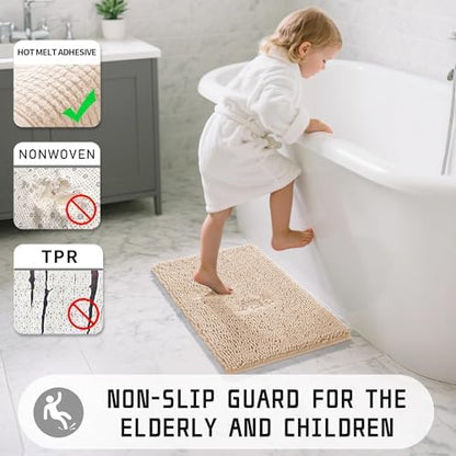 Yimobra Long Bathroom Rugs 47"x24", Extra Soft Non Slip Bath Mat for Tub, Super Absorbent Quick Dry Shaggy Rug Floor Carpet, Machine Washable,Beige