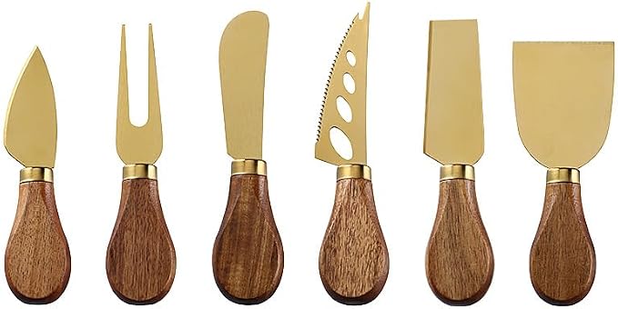 6 Pcs Gold Cheese Knives Set Tools Stainless Steel Cheese Slicer and Cutters for Kitchen Board Knife Set for Kitchen Charcuterie Board Accessories Housewarming Gift (Acacia-Gold Box)