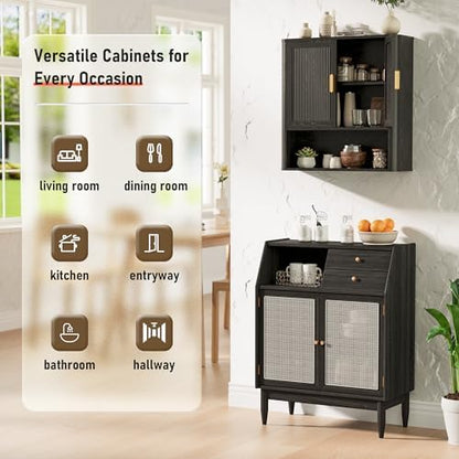 INNOD Bathroom Wall Cabinet, Wall-Mounted Medicine Cabinet with Adjustable Wood Shelf & Doors, Floating Bathroom Cabinet Over Toilet for Laundry Room & Kitchen & Living Room (Black)