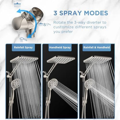 Dual Handheld Shower Head Combo, 2-in-1 Rain Shower Heads System Wide Rainfall Shower Head and 10 Modes High Pressure Hand Held Showerhead with Built-in Power Wash - Brushed Nickel