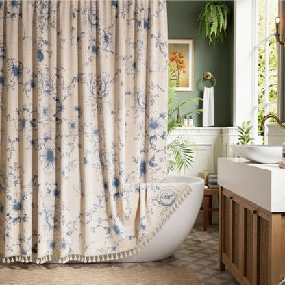 Vintage Blue Floral Shower Curtain with 12 Clear Rings - 72" W x 84" L