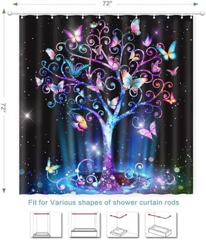 Shower Curtain Butterfly Tree, Shower Curtain for Bathroom, Fluorescence Tree Shower Curtain Sets with 12 Hooks Waterproof Polyester Fabric Machine Washable Home Office Farmhouse Decor Bath Curtains
