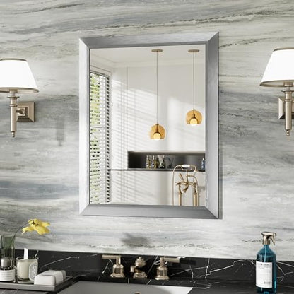 Briivue Bathroom Wall Mirror, Silver Brushed Nickel Metal Frame, 24x30 Inch
