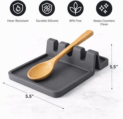 Silicone Spoon Rest for Stove – Heat Resistant, Non-Slip, Dishwasher Safe Utensil Holder with Drip Pad (Dark Gray)