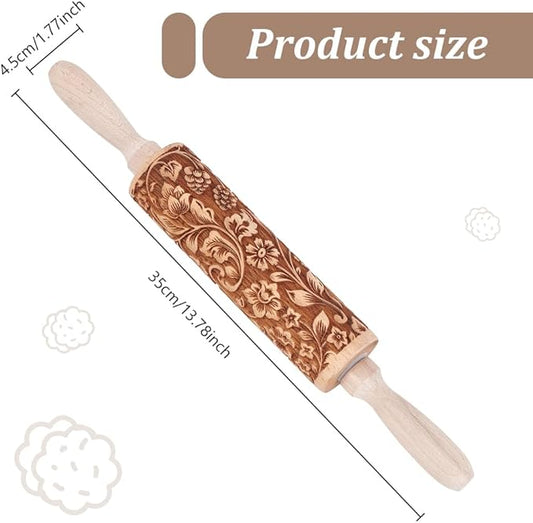 Embossed Wooden Rolling Pin Darker 3D Flower Rattan 35cm Rolling Pin for Thanksgiving Baking Biscuits DIY Kitchen Tool Baking Accessories Homemade Bakery Pastry Cookie Fondant Dough Pizza