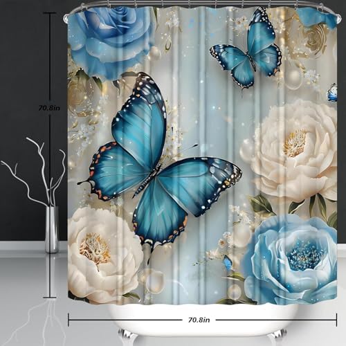 Chrainy 4pcs Rose Butterflies Shower Cutain Set Bathroom Decor with Rugs
