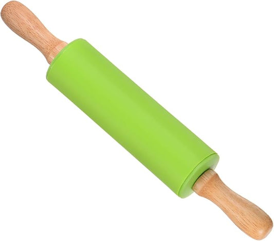 Silicone Rolling Pins, 12.2" Length, Silicone & Oak Non-Stick Ergonomic Wooden Handle Fondant Dough Roller Green - (Applications: for Baking DIY Projects)