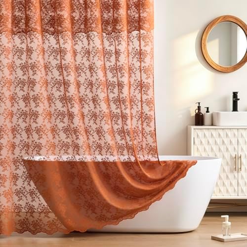 Orange Shower Curtain 72x84, Terracotta Lace with Attached Valance