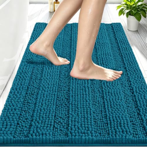 Smiry Thick Chenille Bathroom Rugs 30x20, Absorbent Bath Mat, Peacock Blue