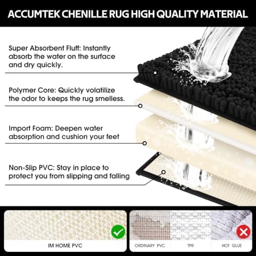 ACCUMTEK Upgrade Extra Large Black Bathroom Rug Set 3 Pieces Ultra Soft, Thick Absorbent Bath Mats, Non Slip Chenille Toilet Mat for Bathroom, Bedroom, Kitchen