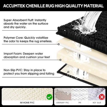 ACCUMTEK Upgrade Extra Large Black Bathroom Rug Set 3 Pieces Ultra Soft, Thick Absorbent Bath Mats, Non Slip Chenille Toilet Mat for Bathroom, Bedroom, Kitchen