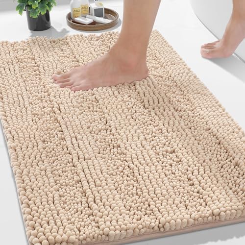 Yimobra Bathroom Rug Mat, Non Slip and Super Absorbent Bath Mat, Machine Washable Quick Dry, Ultra Plush Chenille Shower Rugs for Bathroom Floor Sink Tub and Shower Outside, Beige, 24 x 17