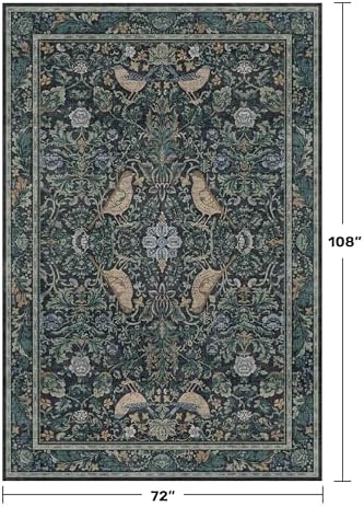 Moody Floral 6x9 Boho Living Room Rug - Washable Forest Bird Non-Slip & Low Pile Soft Carpet, Navy Blue & Deep Teal Area Rug for Dining Room Under Table, Bedroom