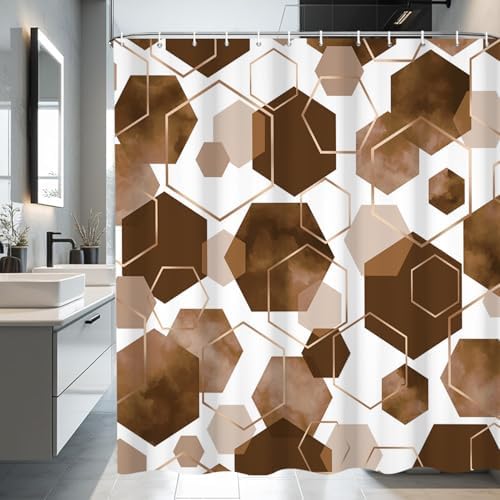 deFouliao Brown Modern Shower Curtain Geometric Grid Art Abstract Waterproof Bathroom Curtain for Bathtub Home Hotel Decor, Washable with Hooks, 60x72 Inch